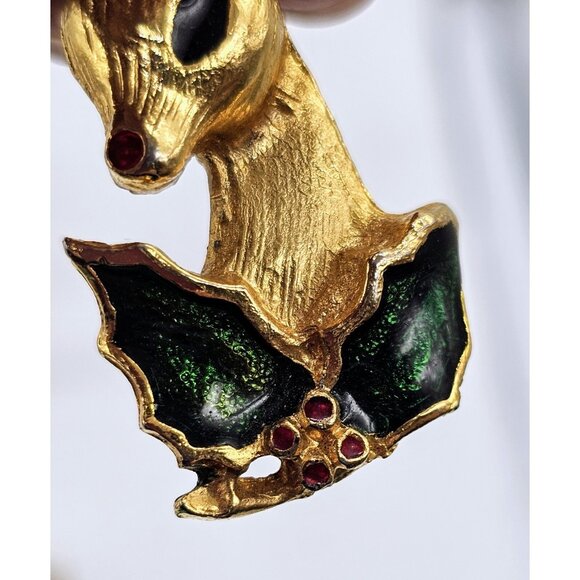 Vintage Christmas Rudolph The Red Nosed Reindeer With Holly Brooch Pin MCM - Picture 2 of 7